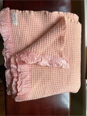 Vintage Merino Waffle Weave Blanket | Blush Pink Peach & Cream | 178 × 170 cm